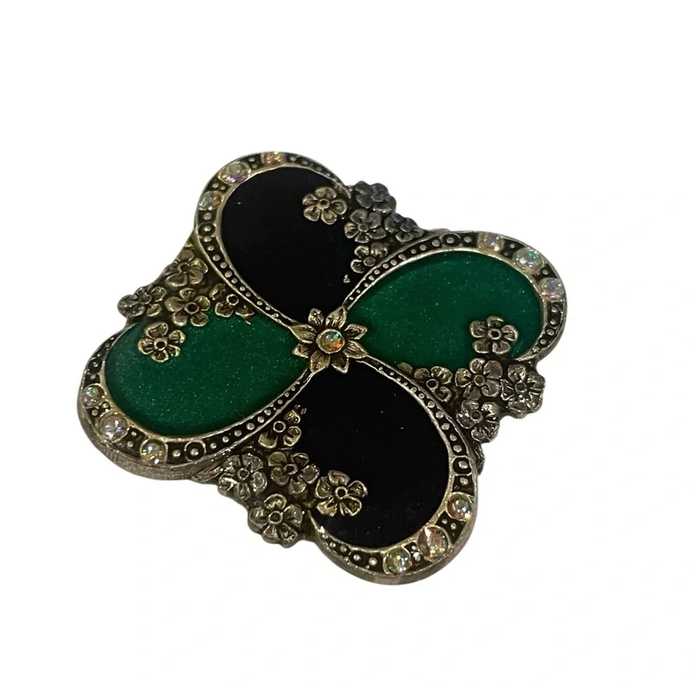 Catherine Popesco Square Black Green Enamel Crystal Pin Brooch VINTAGE FRANCE